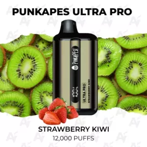 PunkPapes Ultra Pro vape device centered on a background of sliced kiwis with strawberries at the base; flavor strawberry kiwi, 12,000 puffs.