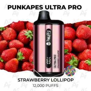 Punkapes Ultra Pro strawberry lollipop vape device centered on a strawberry background, advertising 12,000 puffs