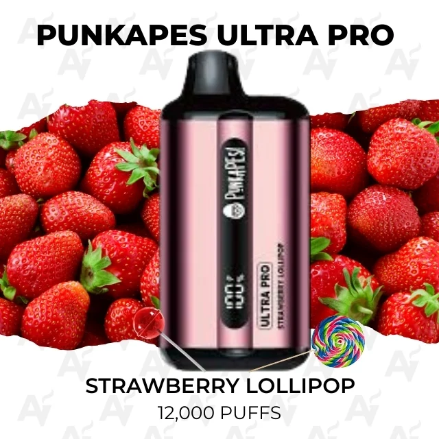 Punkapes Ultra Pro Strawberry Lollipop 12000 Puffs - Just Vapes Australia - Punkapes-ultra-pro-12000-strawberry-lollipopwebp - Just Vapes Australia Punkapes Ultra Pro Strawberry Lollipop 12000 Puffs - Just Vapes Australia - Punkapes Ultra Pro Strawberry Lollipop Vape Device Centered on a Strawberry Background, Advertising 12,000 Puffs