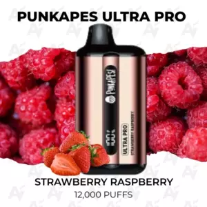 Punkapes Ultra Pro vape device with strawberry-raspberry flavor, placed against a berry-filled background, labeled 12,000 puffs.