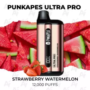 PunkPapes Ultra Pro disposable vape on a watermelon background; flavor Strawberry Watermelon, 12,000 puffs.