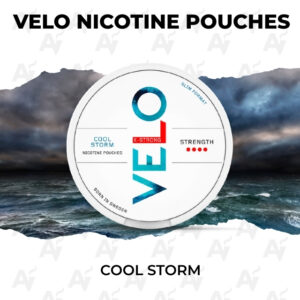 Velo nicotine pouch tin labeled 'Cool Storm' with a stormy ocean background, product image centered.