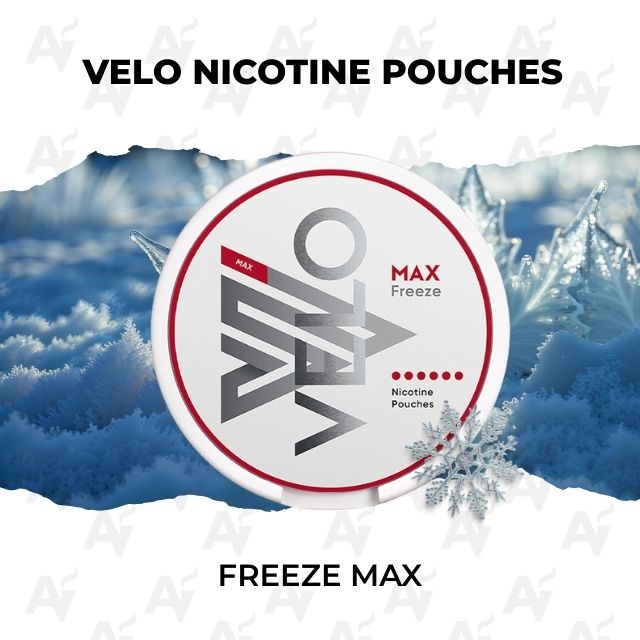 Velo Nicotine Pouches – Freeze Max - Just Vapes Australia - Velo-nicotine-pouches-freeze-max - Just Vapes Australia Velo Nicotine Pouches – Freeze Max - Just Vapes Australia - Round Tin Labeled Velo Freeze Max Nicotine Pouches on a Frosty Blue Ice Background, with Product Text Visible on the Label.