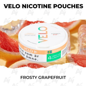 Velo nicotine pouches tin labeled Frosty Grapefruit against a citrusy background with grapefruit slices around it
