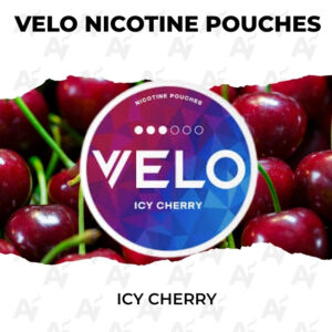 Circular VELO nicotine pouches label over a background of cherries, advertising Icy Cherry flavor
