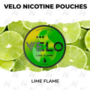 Circular VELO Lime Flame nicotine pouches logo centered over a lime-slice background; product name 'LIME FLAME' shown below.