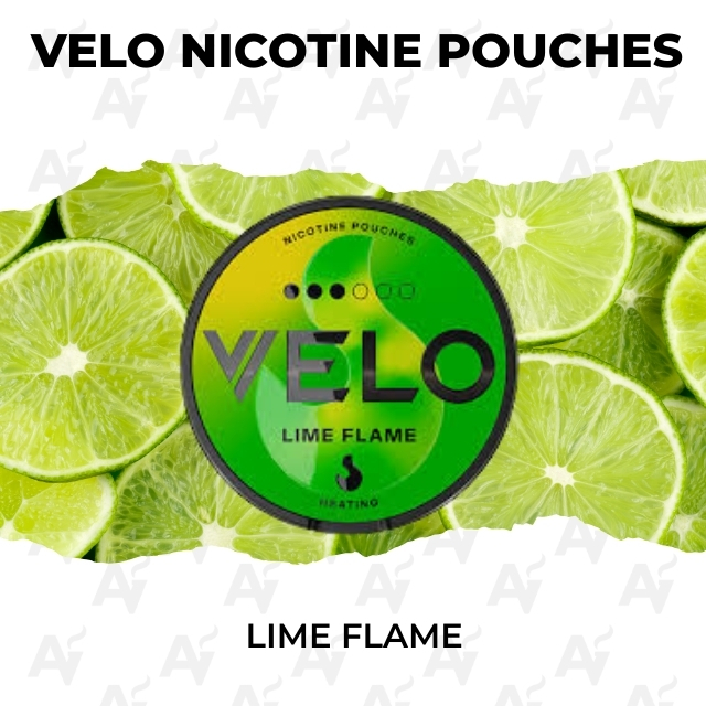 Velo Lime Flame - Just Vapes Australia - Velo-nicotine-pouches-lime-flame-1 - Just Vapes Australia Velo Lime Flame - Just Vapes Australia - Circular Velo Lime Flame Nicotine Pouches Logo Centered over a Lime-slice Background; Product Name 'lime Flame' Shown Below.