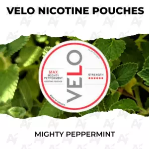 Velo Mighty Peppermint nicotine pouches can centered on a green peppermint leaves background.