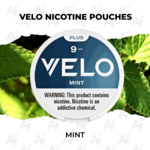 Round VELO nicotine pouches can, mint flavor (9 mg), with warning label, set against green mint leaves in the background.