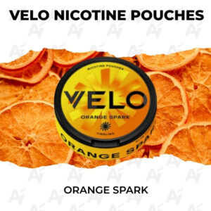 Product image: VELO Orange Spark nicotine pouches with orange slices background, bold branding visible at center.