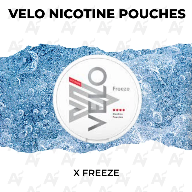 Velo Nicotine Pouches – X Freeze - Just Vapes Australia - Velo Nicotine Pouches, X Freeze Variant, Shown on a Frosty Blue Ice Background with the Tin in Focus.