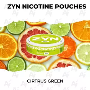 ZYN nicotine pouches Citrus Green tin on a backdrop of sliced citrus fruits (orange, lemon, lime, grapefruit).