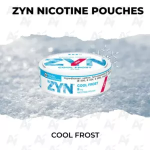 ZYN Cool Frost nicotine pouch tin on an icy snowy surface with snowflake motif in the background