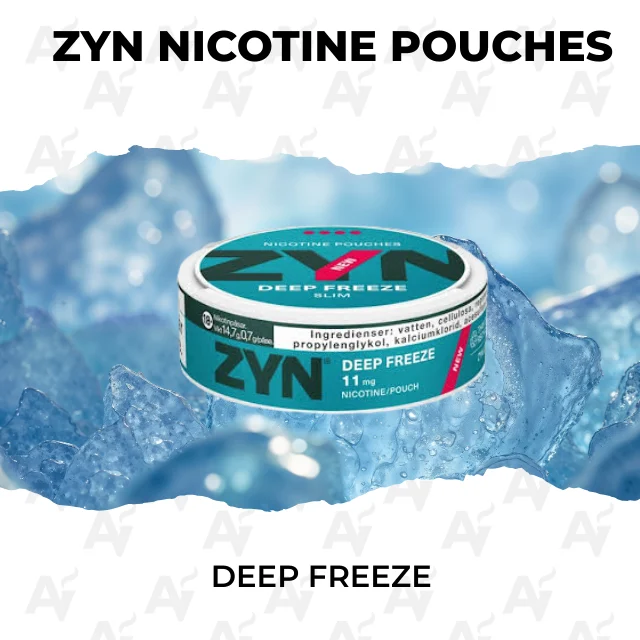 Zyn Nicotine Pouches – Deep Freeze - Just Vapes Australia - Can of Zyn Deep Freeze Nicotine Pouches Resting on Ice with Bold Zyn Branding; 'deep Freeze' Visible on the Can.