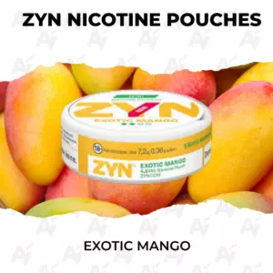 ZYN Exotic Mango nicotine pouches in a round white container against mangoes on a torn-paper background (informational product image).