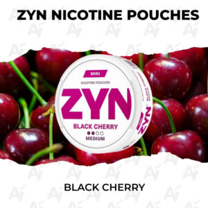 ZYN nicotine pouches tin with Black Cherry flavor, displayed against a background of cherries.