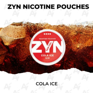 ZYN Cola Ice nicotine pouches logo on an icy, torn-background backdrop.