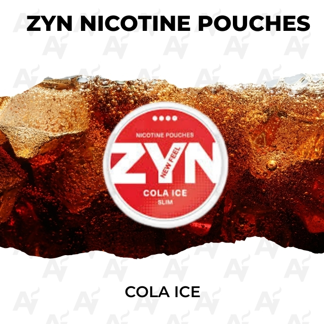 Zyn Cola Ice - Just Vapes Australia - Zyn Cola Ice Nicotine Pouches Logo on an Icy, Torn-background Backdrop.