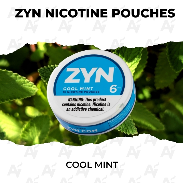 Zyn Nicotine Pouches – Cool Mint - Just Vapes Australia - Zyn Cool Mint Nicotine Pouches Can with Bold Blue Label Among Green Leaves, Advertising the Product. (informative)