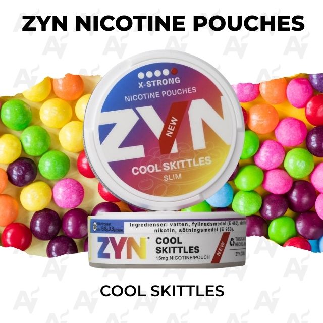 Zyn Nicotine Pouches – Cool Skittles - Just Vapes Australia - Zyn Nicotine Pouches Container with Colorful Skittles Background, Labeled 'cool Skittles' Flavor on the Lid and Tin Below.
