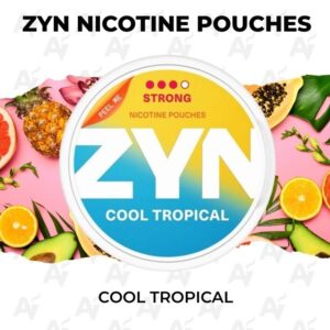 Zyn Nicotine Pouches – Cool Tropical - Just Vapes Australia - Zyn-nicotine-pouches-cool-tropical - Just Vapes Australia Zyn Nicotine Pouches – Cool Tropical - Just Vapes Australia - Zyn Nicotine Pouches Logo with a Yellow-to-blue Circle and Tropical Fruit Background, Labeled Cool Tropical (flavor).