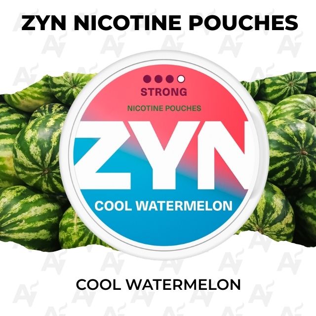 Zyn Nicotine Pouches- Cool Watermelon - Just Vapes Australia - Zyn-nicotine-pouches-cool-watermelon - Just Vapes Australia Zyn Nicotine Pouches- Cool Watermelon - Just Vapes Australia - Circular Zyn Nicotine Pouches Label in Pink-to-blue Gradient, 'cool Watermelon', Set Against a Pile of Watermelons.