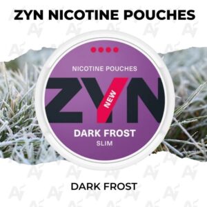 Zyn Nicotine Pouches – Dark Frost - Just Vapes Australia - Zyn-nicotine-pouches-dark-frost - Just Vapes Australia Zyn Nicotine Pouches – Dark Frost - Just Vapes Australia - Circular Can of Zyn Nicotine Pouches, Flavor Dark Frost Slim, Purple Label with Bold Zyn Branding, Set Against a Frosty Background.