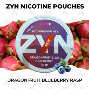 Zyn Nicotine Pouches – Dragonfruit Blueberry Rasp - Just Vapes Australia - Zyn-nicotine-pouches-dragonfruit-blueberry-rasp - Just Vapes Australia Zyn Nicotine Pouches – Dragonfruit Blueberry Rasp - Just Vapes Australia - Close-up of a Zyn Nicotine Pouches Can Labeled Dragonfruit Blueberry Raspberry Slim, with Pink Dragonfruit Around It and a Few Blueberries in Front.