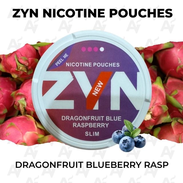 Zyn Nicotine Pouches – Dragonfruit Blueberry Rasp - Just Vapes Australia - Zyn-nicotine-pouches-dragonfruit-blueberry-rasp - Just Vapes Australia Zyn Nicotine Pouches – Dragonfruit Blueberry Rasp - Just Vapes Australia - Close-up of a Zyn Nicotine Pouches Can Labeled Dragonfruit Blueberry Raspberry Slim, with Pink Dragonfruit Around It and a Few Blueberries in Front.