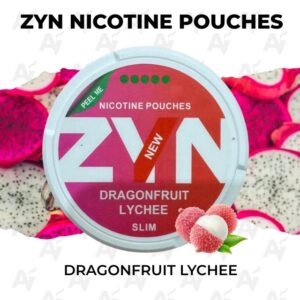 Zyn Nicotine Pouches – Dragonfruit Lychee - Just Vapes Australia - Zyn-nicotine-pouches-dragonfruit-lychee - Just Vapes Australia Zyn Nicotine Pouches – Dragonfruit Lychee - Just Vapes Australia - Zyn Nicotine Pouches Can with Dragonfruit Lychee Slim Flavor on a Pink-red Label, Surrounded by Dragonfruit Imagery.