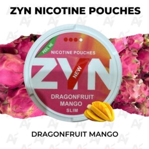 Zyn Nicotine Pouches – Dragonfruit Mango - Just Vapes Australia - Zyn-nicotine-pouches-dragonfruit-mango - Just Vapes Australia Zyn Nicotine Pouches – Dragonfruit Mango - Just Vapes Australia - Round Tin of Zyn Nicotine Pouches in Dragonfruit Mango Flavor, Set Against Pink Dragonfruit Backdrop with Sliced Mango Graphic