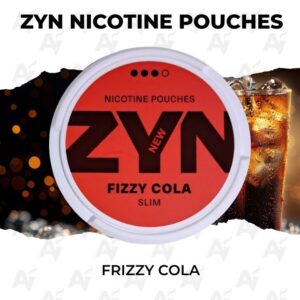 Zyn Nicotine Pouches – Frizzy Cola - Just Vapes Australia - Zyn-nicotine-pouches-frizzy-cola - Just Vapes Australia Zyn Nicotine Pouches – Frizzy Cola - Just Vapes Australia - Zyn Nicotine Pouches Can Labeled Fizzy Cola Flavor on a Red Lid, Against a Blurred Dark Background.