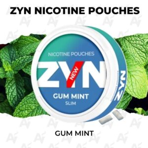 Zyn Nicotine Pouches – Gum Mint - Just Vapes Australia - Zyn Gum Mint Nicotine Pouches Tin with Mint Leaves in the Background