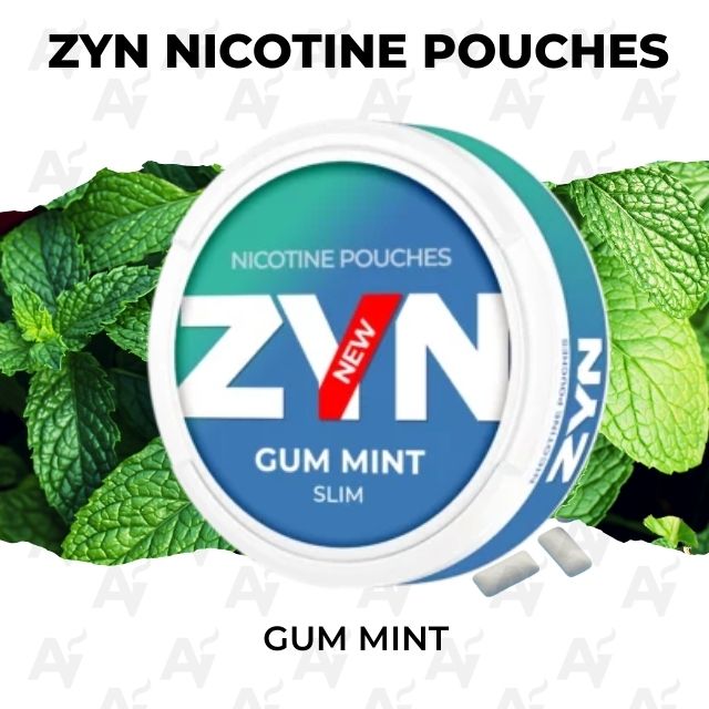 Zyn Nicotine Pouches – Gum Mint - Just Vapes Australia - Zyn Gum Mint Nicotine Pouches Tin with Mint Leaves in the Background