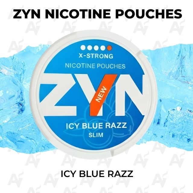 Zyn Nicotine Pouches – Icy Blue Razz - Just Vapes Australia - Zyn-nicotine-pouches-icy-blue-razz - Just Vapes Australia Zyn Nicotine Pouches – Icy Blue Razz - Just Vapes Australia - Zyn Nicotine Pouches Tin Labeled Icy Blue Razz (slim) with Blue Packaging and Icy Background, Showing Flavor 'ice Blue Razz'
