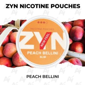 Zyn Nicotine Pouches – Peach Bellini - Just Vapes Australia - Zyn Peach Bellini Nicotine Pouches Can on a Peach Background; Flavor is Peach Bellini (slim).