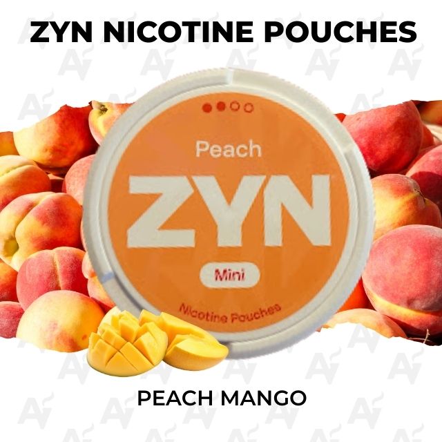 Zyn Nicotine Pouches – Peach Mango - Just Vapes Australia - Zyn Mini Nicotine Pouches Tin in Peach-mango Flavor, Surrounded by Peaches with Sliced Mango Pieces in the Foreground.