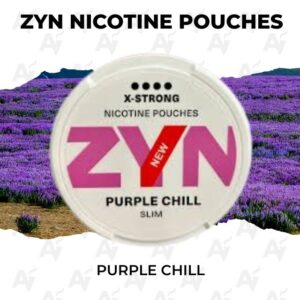 Zyn Nicotine Pouches – Purple Chill - Just Vapes Australia - Front View of a Zyn Purple Chill Nicotine Pouches Tin (slim) with X-strong Label, Set Against a Lavender Field Background.