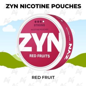 Zyn Nicotine Pouches – Red Fruit - Just Vapes Australia - Zyn-nicotine-pouches-red-fruit - Just Vapes Australia Zyn Nicotine Pouches – Red Fruit - Just Vapes Australia - Zyn Red Fruits Nicotine Pouches Can Centered on a Pink Lid with Bold White Zyn Logo, Against a Cartoon Landscape Background.