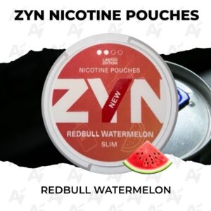 Zyn Nicotine Pouches – Redbull Watermelon - Just Vapes Australia - Zyn-nicotine-pouches-redbull-watermelon - Just Vapes Australia Zyn Nicotine Pouches – Redbull Watermelon - Just Vapes Australia - Round Red Can of Zyn Nicotine Pouches, Red Bull Watermelon Flavor, Slim Edition, with a Watermelon Graphic Overlay