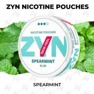 Zyn Nicotine Pouches – Spearmint - Just Vapes Australia - Tin of Zyn Nicotine Pouches in Spearmint Flavor with Fresh Mint Leaves in the Background